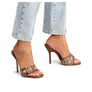 Coach leather buckle Jacquard mule heels